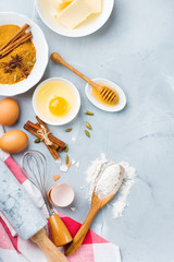 Baking cooking ingredients on a kitchen table