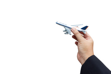 Business hand holding toy airplane, isolated on white background