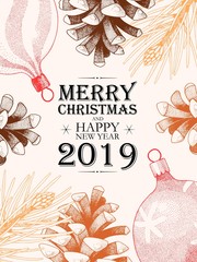 Vector christmas card with holly and pine cones