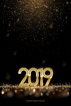2019 New Year luxury design concept. Vector golden 2019 New Year vertical template with falling golden snow.