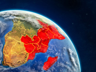 East Africa from space on realistic model of planet Earth with country borders and detailed planet surface and clouds.