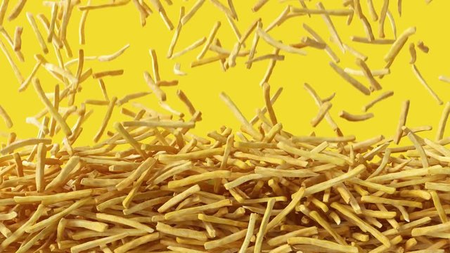 Fried potato chips falling down from top, fast food, junk food background texture pattern on yellow background.