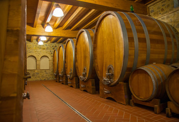 Old wooden barrels with wine