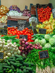 Sale of vegetables and fruit in bowls in the market