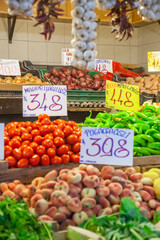 Sale of vegetables and fruit in bowls in the market