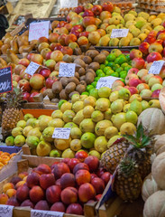 Sale of vegetables and fruit in bowls in the market