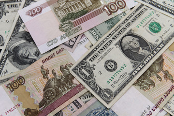 Background of the us dollars and russian rubles banknotes