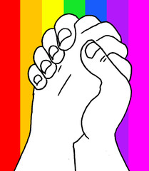 Illustration of hands clasped together with the rainbow flag behind