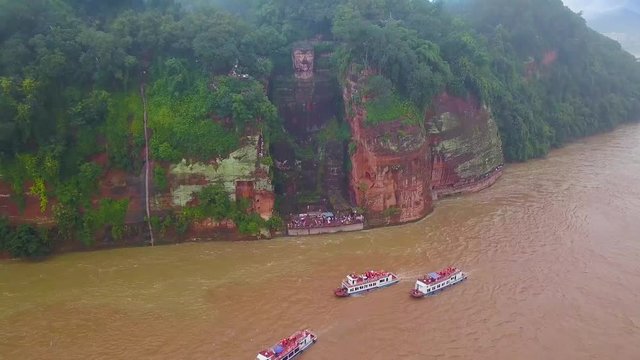 The Dafo of Leshan near Chengdu in southwest China. The Dafo is a 71m high stone Buddha carved into Lingyun Hill on the banks of the Qingyi River. A UNESCO World Heritage Site. Sichuan, China