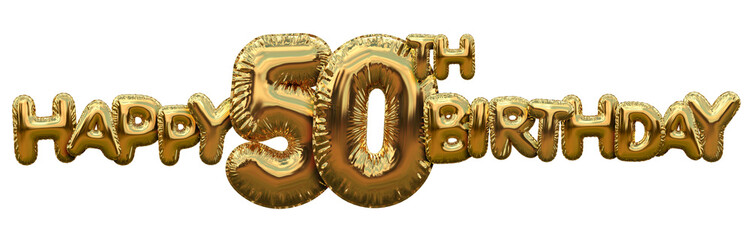 Happy 50th birthday gold foil balloon greeting background. 3D Rendering
