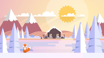 Wood House Landscape Background. Flat Vector Illustration

