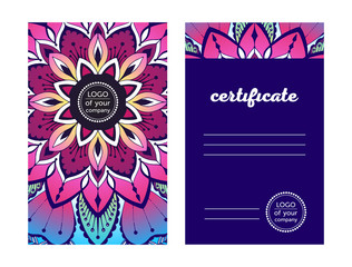 Design yoga certificate. Colored decorative Mandala on a dark background. stylish certificate in dark colors