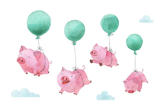 Cute piggy watercolor illustration. Four pigs flying in balloons across the sky. 2019