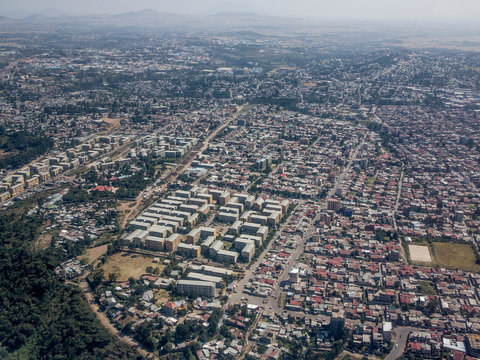 High aerial view of the sprawling city of Addis Ababa, Ethiopia.
