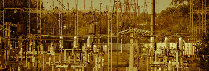 General view to high-voltage substation with switches and disconnectors. toned image