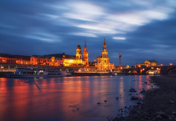 Scenic evening view of Old Town architecture with Elbe river embankment in Dresden, Saxony, Germany