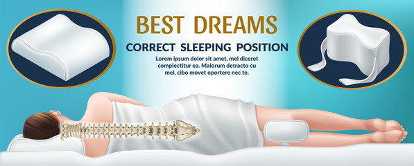 Advertising poster with orthopedic mattress and pillow between knees. Correct position for sleep, good dreams. Bedding with memory effect. Realistic 3d vector illustration.