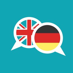 chat speech bubbles with english and german flags isolated on blue background.