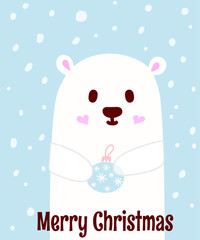 Cute polar bear wishes happy New year and merry Christmas. Christmas card. Blue background with snow. Polar bear with a toy in the new year.