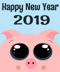 Christmas card 2019.  Cute pink piggy wishes merry Christmas and New year 2019. Symbol of the year of the Pig 2019 Fig. Pig cap design with big eyes and happy New year