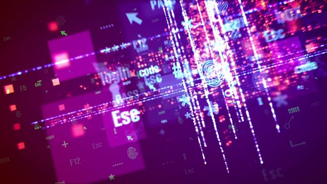 An opt art 3d rendering of cyber symbols such as key, square, F5, number, box, escape, arrow, spinning among yellow stripes of shining dots in the olive background in seamless loop.