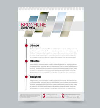 Red flyer design template with built in images. Brochure for business, education, presentation, advertisement. Corporate identity concept. Editable vector illustration.