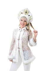 Beautiful, happy woman with long hair, dressed as Santa Claus smiling. Christmas - New Year carnival.