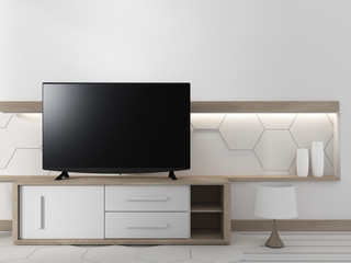 Smart TV on the cabinet in japanese living room with plants on hexagonal wall design background,3d rendering