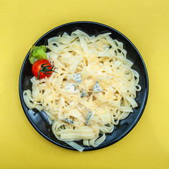 Cooked Tagliatelle in a Plate with Parmesan and Blue Cheese, stylish bright photo. View from above, flat lay