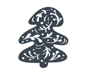 Christmas Tree scandinavian vector icon silhouette. Simple contour symbol. Isolated on white web sign kit of stylized spruce. Handdraw cartoon picture