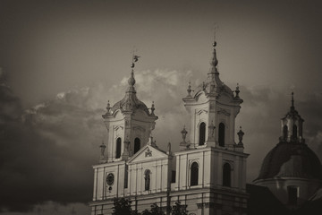 The church is against the backdrop of a stormy sky. Black and white version.