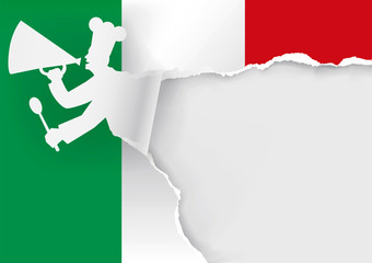 Italian Regional Cuisine promotion template 
Illustration of torn paper with Italian flag and cook with megaphone. Place for your text or image.Vector available.