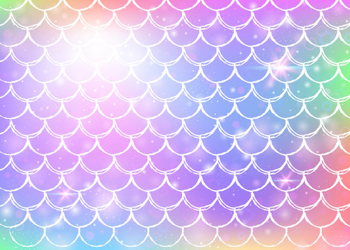 Kawaii mermaid background with princess rainbow scales pattern. Fish tail banner with magic sparkles and stars. Sea fantasy invitation for girlie party. Futuristic kawaii mermaid backdrop.