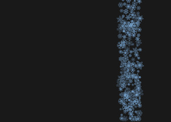 Snowflake border for Christmas and New Year celebration. Holiday snowflake border on black background  with sparkles. For banners, gift coupons, vouchers, ads, party events. Horizontal frosty snow.
