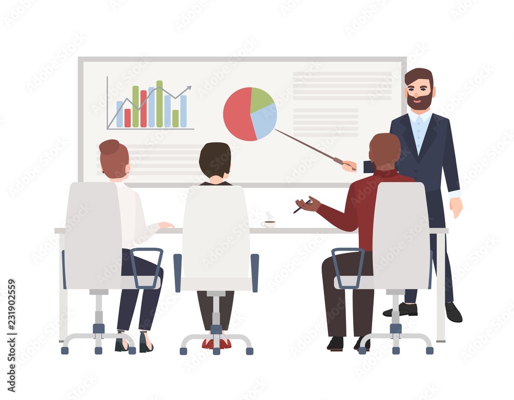 Poster office workers at whiteboard meeting. bearded man making presentation in front of audience. cute car