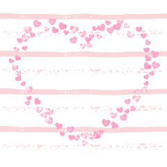 Pink glitter confetti with hearts on pink stripes. Random falling sequins with glossy sparkles. Template with pink glitter confetti for party invitation, bridal shower and save the date invite.