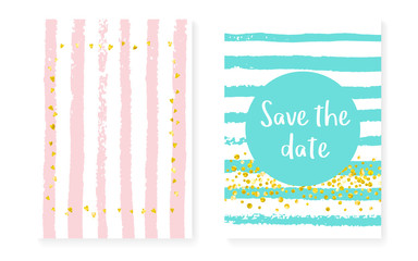 Gold glitter frame with dots and sequins. Wedding and bridal shower invitation set with confetti. Vertical stripes background. Vintage gold glitter frame for party, event, save the date flyer.