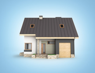 Illustration of a modern house with a garage side view isolated on blue gradient background 3d render