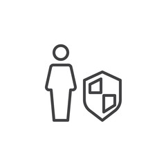 Man and shield outline icon. linear style sign for mobile concept and web design. User security profile simple line vector icon. Symbol, logo illustration. Pixel perfect vector graphics