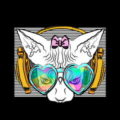 Nice illustration with an Egyptian cat in headphones. Funny illustration on the theme of humanized animals.
