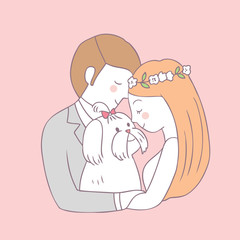 Cartoon cute Bride kiss groom and dog vector.