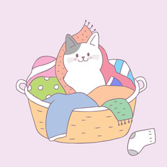 Cartoon cute cat in basket vector.