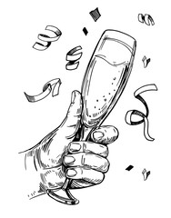 Hand holding  glass with champagne. Hand drawn illustration converted to vector