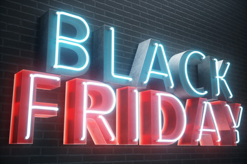 Fototapeta na wymiar Black Friday - Friday with a big sale. Sales, joy, success. Blue and Red Glow Neon banner, discounts. 3D illustration