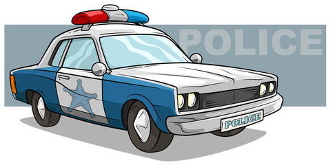 Cartoon blue police car with golden badge © GB_Art