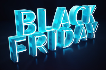 Black Friday - The Most Expected Sale of the Year. Neon Blue 3D banner. Grand Discounts. Only once a year, maximum discounts. Sales, joy, success, 3D illustration