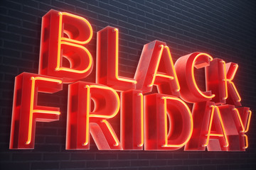Black Friday - Friday with a big sale. Sales, joy, success Neon Red banner, discounts, 3D illustration