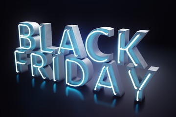 Black Friday - The Most Expected Sale of the Year. Neon Blue 3D banner. Grand Discounts. Only once a year, maximum discounts. Sales, joy, success, 3D illustration