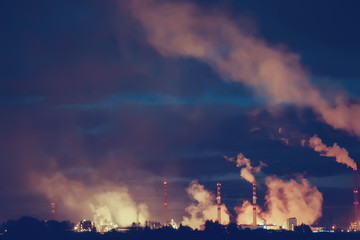 landscape night smoke pipe industry / factory landscape horizontal, concept pollution, smoke, ecology