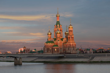 Yoshkar Ola city. Mari El, Russia.Cathedral of the Annunciation of the Blessed Virgin Mary in sunrise